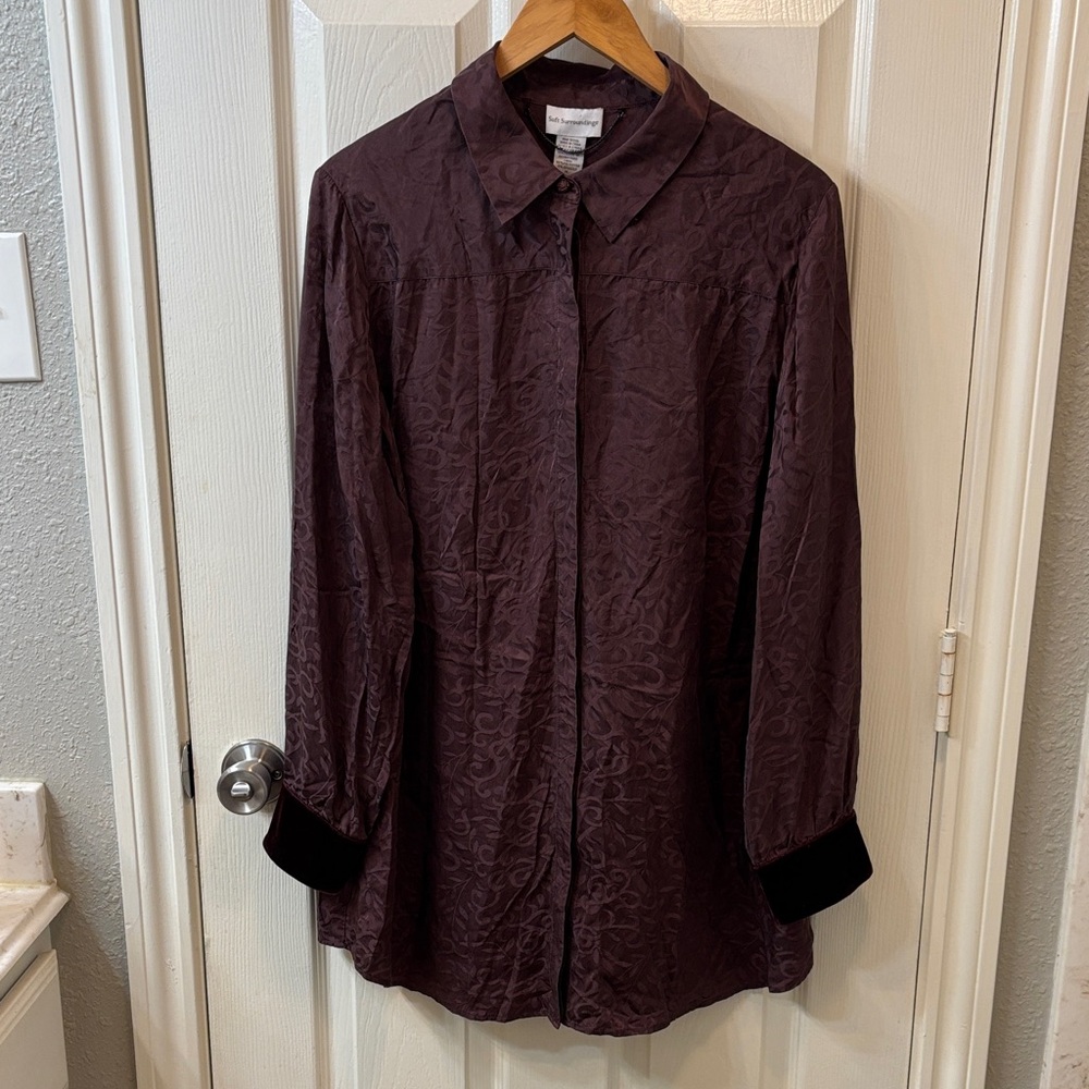 Soft‎ Surroundings Silk Dark Purple Long Sleeve Button down Blouse Size XL